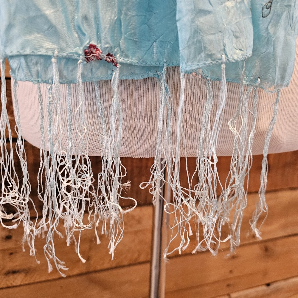 Aqua Blue Scarf/Wrap/Shawl w/ Embroidered Pink Flowers & Green Leaves 62" Long - Picture 10 of 13